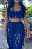Royal Blue Crochet Sleeveless Fringed Hollowed Out Cami Crop Top And Pants Set Vacation Beach Matching Set