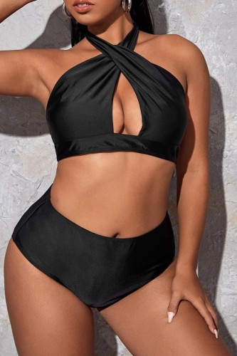 Black Sexy Solid Bandage Hollowed Out Backless Halter Plus Size Swimwear (With Paddings)