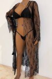 Black Sexy Solid See-through Cardigan Swimwears Cover Up