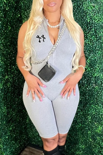 Grey Casual Print Patchwork Zipper Collar Skinny Rompers