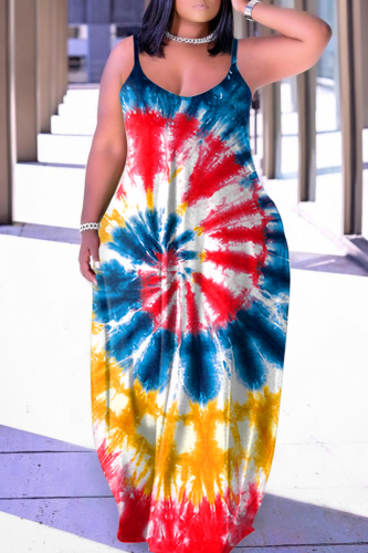 Dark Blue Sexy Print Backless Spaghetti Strap Long Dress Dresses