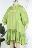 Light Green Casual Solid Patchwork V Neck Pleated Plus Size Dresses
