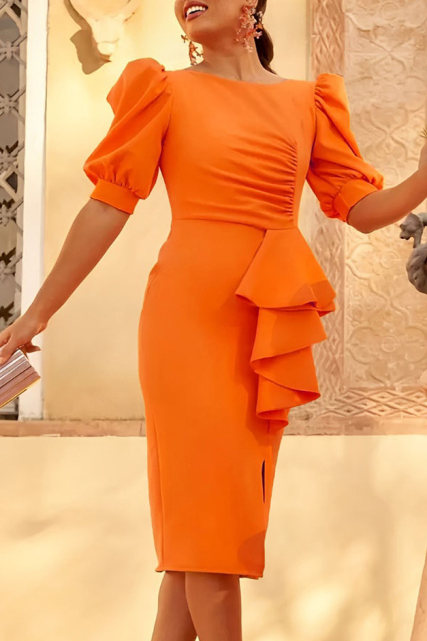 Orange Casual Solid Patchwork Flounce Slit O Neck One Step Skirt Dresses