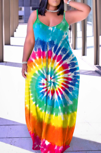 Light Blue Sexy Print Backless Spaghetti Strap Long Dress Dresses