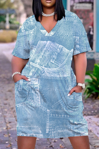 Light Blue Casual Print Patchwork Basic V Neck Short Sleeve Dress