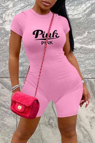 Pink Street Print Letter O Neck Rompers
