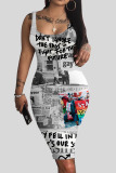 Matte Black Casual Street Print Patchwork U Neck Pencil Skirt Dresses