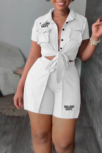 White Casual Letter Print Bandage Patchwork Buckle Turndown Collar Short Sleeve Two Pieces
