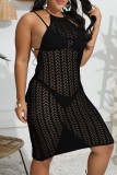 Black Sexy Solid See-through Backless O Neck Beach Dress Plus Size Dresses