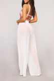 White Sexy Solid See-through Loose Mid Waist Wide Leg Solid Color Bottoms