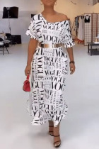 White Casual Street Print Patchwork Without Belt Oblique Collar Straight Dresses(Without Belt)