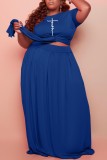 Blue Casual Print Bandage O Neck Plus Size Two Pieces