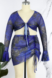 Blue Sexy Print Bandage Patchwork Draw String V Neck Plus Size Two Pieces