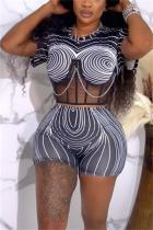 Black Sexy Casual Graffiti See-through Printing O Neck Short Sleeve Two Pieces