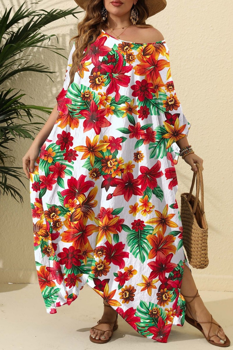 Wholesale Multicolor Casual Print Slit V Neck Beach Dress Plus Size ...