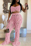 Pink Fashion Casual Solid Tassel Hollowed Out Backless Spaghetti Strap Sleeveless Two Pieces
