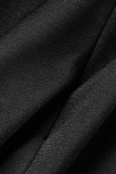 Black Casual Solid Patchwork O Neck Short Sleeve Dress (Without Belt)