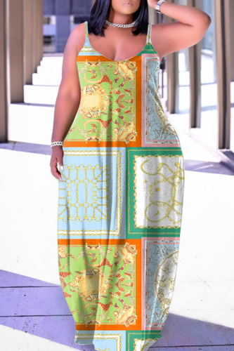 Green Sexy Casual Print Backless Spaghetti Strap Long Dress Dresses