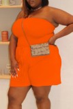 Pink Casual Solid Backless Strapless Plus Size Romper