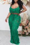 Green Crochet Sleeveless Fringed Hollowed Out Cami Crop Top And Pants Set Vacation Beach Matching Set