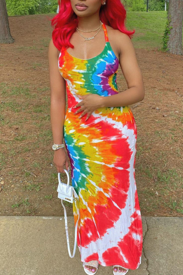Sexy Vacation Tie Dye Print Strap Design Contrast U Neck Printed Dresses