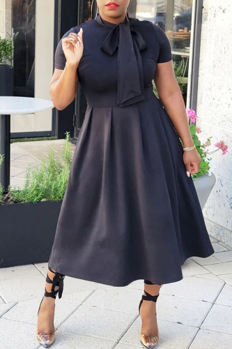 Black Elegant Solid Bandage Patchwork Ribbon Collar A Line Dresses
