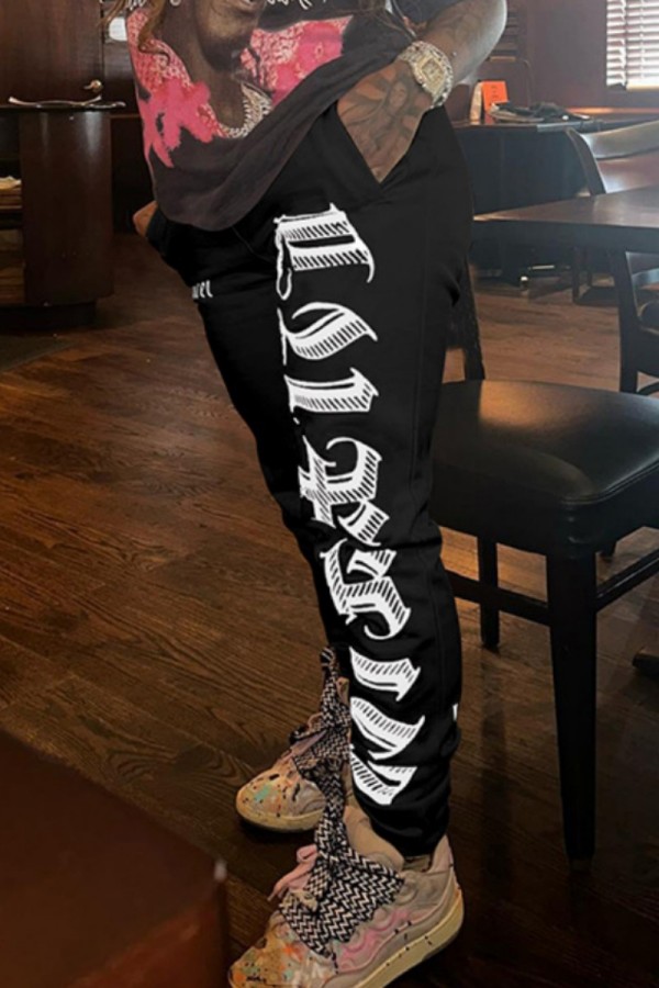 Black Casual Letter Print Basic Regular High Waist Conventional Positioning Print Trousers