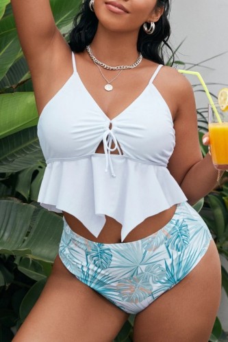 White Sexy Print Backless V Neck Plus Size Swimwear (With Paddings)