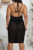 Black Sexy Solid See-through Backless O Neck Beach Dress Plus Size Dresses