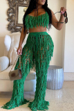 Khaki Crochet Sleeveless Fringed Hollowed Out Cami Crop Top And Pants Set Vacation Beach Matching Set
