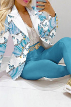 Sky Blue Casual Print Patchwork Buttons Turn-back Collar Long Sleeve Two Pieces(Without Belt)