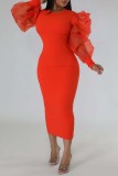Tangerine Red Fashion Casual Solid Patchwork O Neck Long Sleeve Dresses