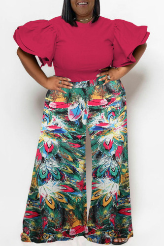Rose Red Casual Print Patchwork O Neck Plus Size Two Pieces