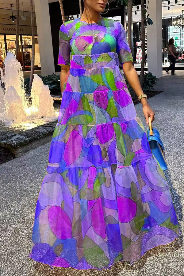 Rose Purple Geometric Print Short Sleeve Loose Straight A Line Daily Vacation Maxi Dress
