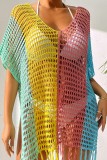 Pink Crochet Deep V Neck Short Sleeve Tassel Hollowed Out See-Through Vacation Beach Swimwears Cover Up