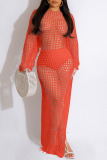 Tangerine Red Sexy Solid Tassel Hollowed Out Patchwork Slit Swimwears Cover Up