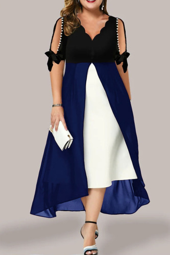 Blue Casual Solid Patchwork V Neck A Line Dresses