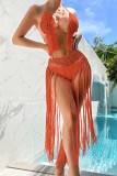 Black Sexy Solid Tassel Hollowed Out Backless Swimwears (Without Paddings)