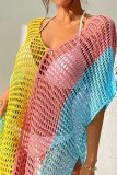 Pink Crochet Deep V Neck Short Sleeve Tassel Hollowed Out See-Through Vacation Beach Swimwears Cover Up