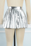 Silver Gray Casual Solid Patchwork Fold High Waist Type A Solid Color Bottoms