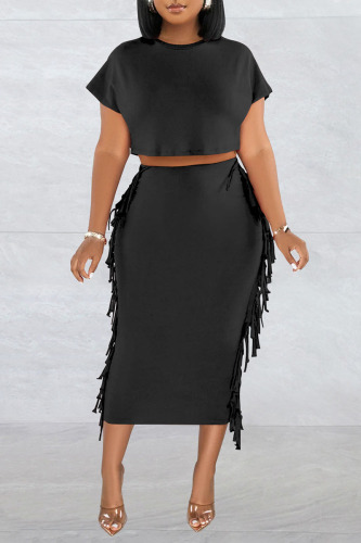 Black Casual Solid Tassel Patchwork O Neck Short Sleeve Two Pieces