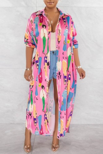 Pink Casual Graphics Print Turndown Collar Loose Vacation Maxi Shirt Dresses (Without Belt)