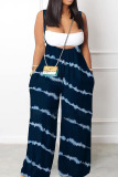 Deep Blue Casual Print Patchwork Spaghetti Strap Straight Jumpsuits