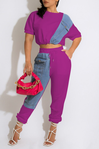 Purple Casual Solid Patchwork O Neck Short Sleeve Two Pieces