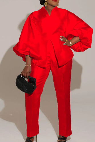 Red Casual Solid Patchwork V Neck Long Sleeve Two Pieces