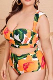 Tangerine Red Sexy Solid Patchwork Backless Square Collar Plus Size Swimwear (With Paddings)