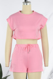 Pink Casual Solid Basic O Neck Short Sleeve Two Pieces