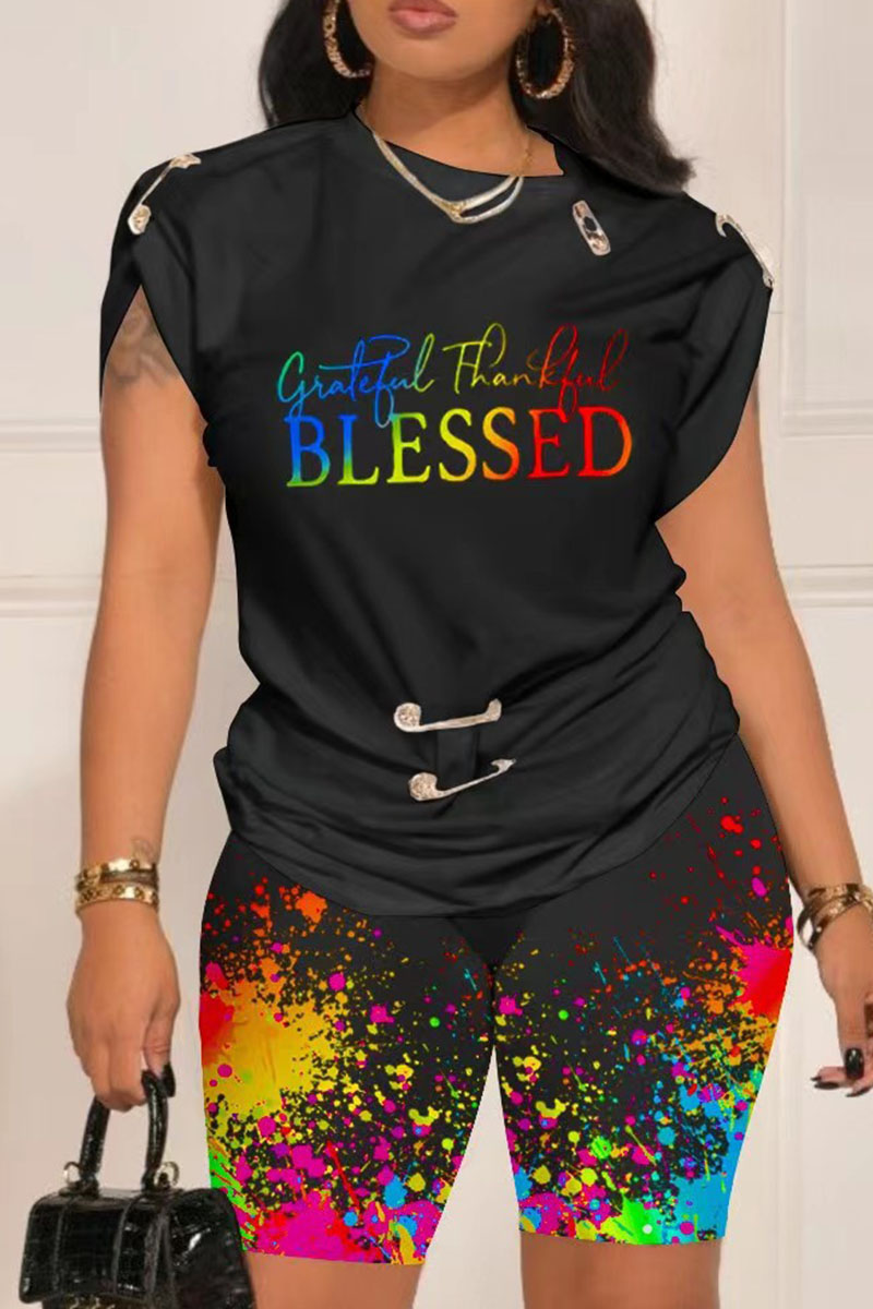 Casual Street Gradient Print Pocket Patchwork Contrast V Neck Short Sleeve Two Pieces