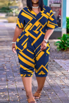 Yellow Blue Casual Street Print Patchwork V Neck Plus Size Jumpsuits