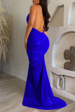 Blue Sexy Solid Patchwork Halter Long Dress Dresses